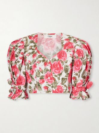 Chlo&eacute; Crop Top In Popeline Di Cotone Floreale - Rosa
