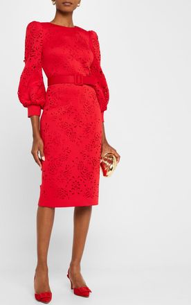 Badgley Mischka Blouson-Sleeve Paisley Cutout Dress