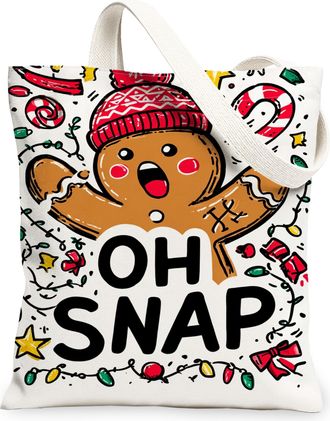 Generic Gingerbread Canvas Tote Bags, Festive Biscuits Design Reusable Grocery Bags, Winter Joyful Lightweight Washable Shoulder St, White, 13x15 Inch