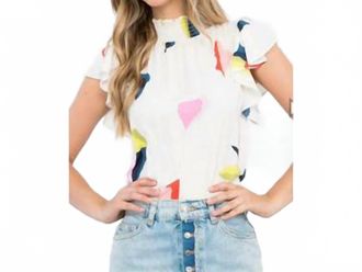 THML Clothing Samantha Abstract Flutter Sleeve Top In Cream