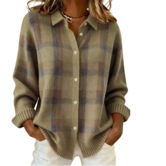 Generic Womens Plaid Print Casual Cotton Buttoned Cardigan Sweater, Plaid Knitted Cropped Cardigan Sweater 2026 (A,L)
