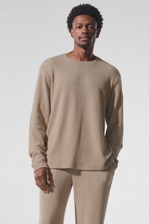 Alo | Elevate Waffle Long Sleeve Crewneck Top in Gravel Beige, Size: Medium