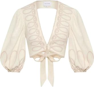 IXIAH Cr&egrave;me Strikblouse Alkali Stijl - Dames - Blouses - Wit - M - Linnen - Overhemden