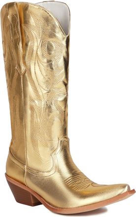 Generic Womens Pointed Toe Western Cowboy Boots PU Leather Mid-Calf Boots with Embroidery Stitched Block Heel Cowgirl Boot,Gold,4.5 UK