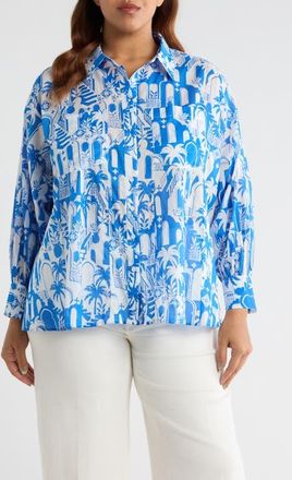 Sugarlips Nala Regie Print Cotton Button-Up Shirt in White-Blue at Nordstrom, Size 1X