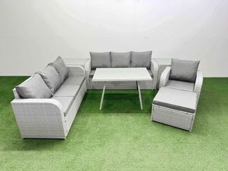 Fimous 7 Pieces Outdoor PE Rattan Garden Furniture with 2 Side Tables Stool in Light Grey