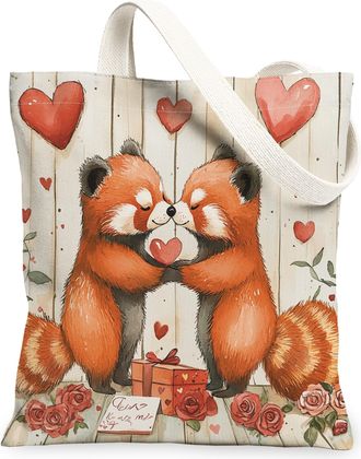 Generic Valentines Day Red Panda Canvas Tote Bag for Shopping 13x15, Rustic Country Couple Animal Reusable Grocery Print Pattern Bag for Women, Holiday Beach 