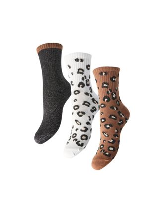 Pieces Womens Pcprima Animal Socks Bc, Biscuit/Pack:3 Pack BLC/Lurex-White Pepper/Leo, One Size