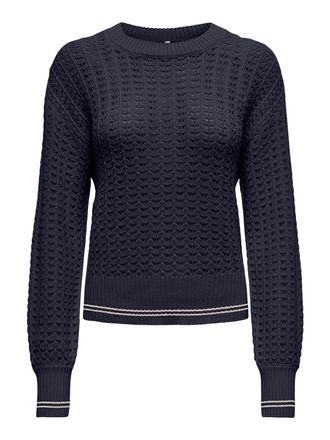 Only Strickpullover ONLY ONLASA LS DETAIL O-NECK CC KNT, Damen, Gr. L (40), blau (night sky detail:birch), Strick, Obermaterial: 60% Baumwolle, 40% Polyacr