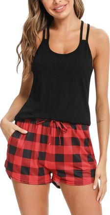 iClosam Womens Pyjama Sets Sleeveless Cotton Sleepwear Racerback Tank Top and Checked Shorts Pjs Set Summer Cami Nightwear Loungewear Black