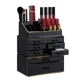 Relaxdays 2x Organizer Make-up Con Cassetti, Contenitore Impilabile Con Porta-rossetti, In Acrilico, Nero Oro
