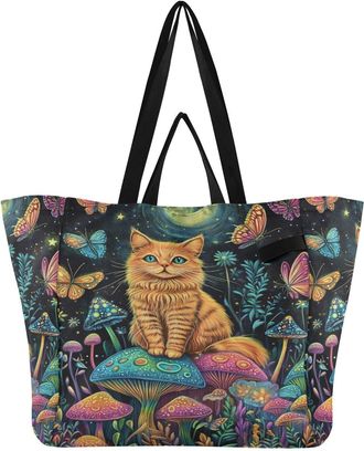 Generic Cat Mushroom Black pattern Reusable Canvas Tote Bag, Heavy Duty Grocery Shopping Bag with Hard Bottom Large Capacity Double Handles Work Groceries Tra