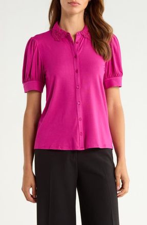 CeCe by Cynthia Steffe Scalloped Lace Collar Short Sleeve Shirt in Wild Petunia at Nordstrom, Size Xx-Small