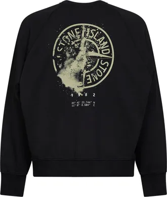 Stone Island Mens Crewneck Sweatshirt Compass Print Black Cotton Sweatshirts Sweater