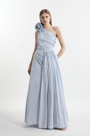 Karen Millen Womens Petite Taffeta Rosette Neck Tailored Pleat Gathered Maxi Dress - Pale Blue - Size 12 UK