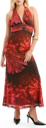 Bardot Elera Print Halter Mesh Maxi Dress in Red Floral at Nordstrom, Size 10