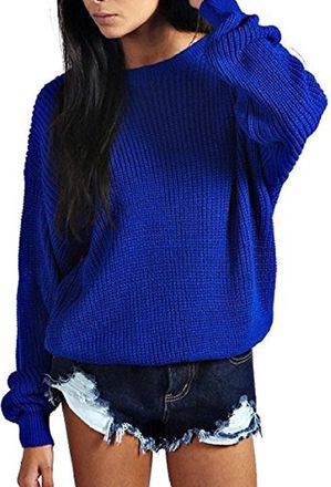 Crazy Girls Womens Ladies Baggy Long Sleeve Knitted Plain Chunky Top Sweater Jumper S-XL (16-18, Royal Blue)