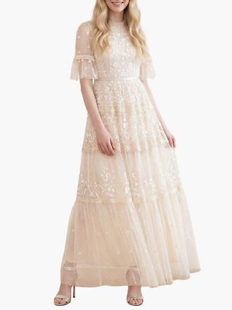 Needle & Thread Midsummer Lace Round Neck Dress in Champagne at Nordstrom, Size 18