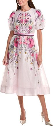 Teri Jon by Rickie Freeman Teri Jon By Rickie Freeman Puff Sleeve Placement Print Silk & Linen-Blend Midi Dress