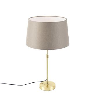 QAZQA R&uacute;stico L&aacute;mpara De Mesa Dorada/bronce Con Pantalla De Lino Topo 35 Cm - Parte Acero /lino Cil&iacute;ndra /alargada /redonda Adecuado Para Led Max. 1 X 60 Wa
