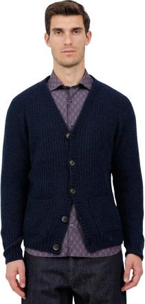 Irish Crone Geribbelde cardigan van scheerwol - Heren - Vesten - Blauw - M - Wol - Truien & Vesten