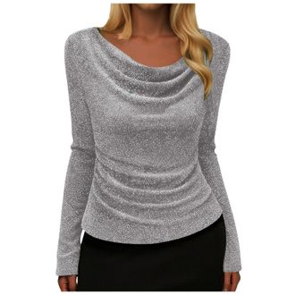 Generic Womens Sequin Tops Sparkly Shirts Blouse Glitter Sequined Cowl Neck Long Sleeve Sequin Shinny Glitter Pullover Tees Evening Party Clubbing Tshirt Spar