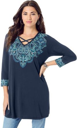 Roaman's Criss Cross Ultra Drape Swing Tunic in Navy Medallion at Nordstrom, Size 12