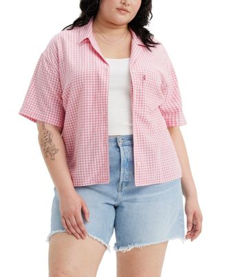 Levi's Trendy Joyce Gingham Resort Camp Shirt Womens Pink White Check FTS1059
