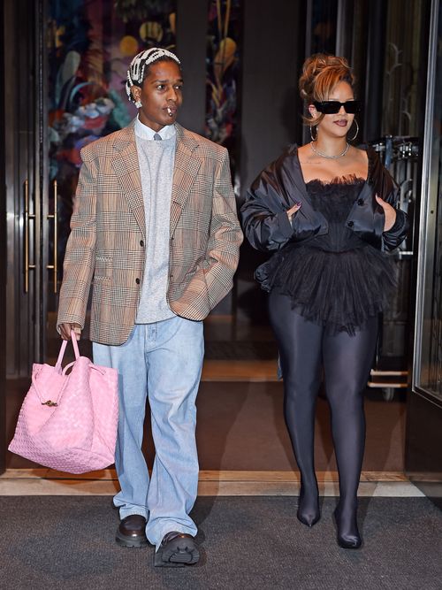 ASAP Rocky and Rihanna are seen leaving Carbone restaurant after celebrating his birthday on October 3, 2023 in New York, New York.