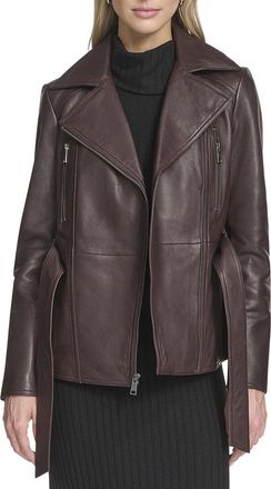 Andrew Marc Violet Belted Leather Moto Jacket