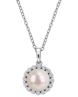 Rina Limor Silver 0.32 Ct. Tw. Lab-Grown Created White Sapphire & 8-8.5 Mm Pearl Halo Necklace