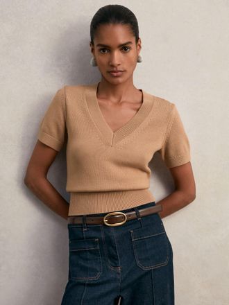 Reiss Camel Cotton-wool Knit V-neck Top, XS