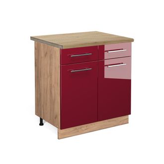 Vicco Mueble Bajo De Cocina Fame-line, Rojo Burdeos Alto Brillo, 80 Cm, Et Roble