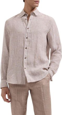 Bugatchi Karl Shaped Fit Gingham Check Linen Button-Up Shirt in Olive at Nordstrom, Size Xxx-Large