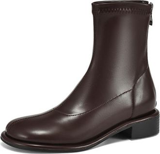 Generic Womens PU Leather Sock Ankle Boots Round Toe Low Block Heels Side Zipper Comfortable Non-Slip Wear-Resistant for Daily Commute Casual,Brown,5.5 UK