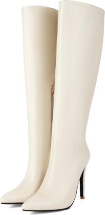 Generic White,7.5 UK,Womens Leather PU Knee High Boots Side Zipper Pointed Toe Comfy Stiletto Heels Tall Boot Fall Winter Dress Shoes