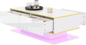 STILVORA Mesa De Centro Con 3 Cajones Y Hueco Abierto Y Led, Blanco Brillo, Decoraci&oacute;n Dorada, 100&times;50&times;40 Cm, En Tablero Aglomerado