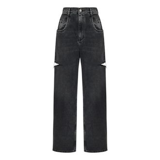 Maison Margiela Jeans, Dames, Zwart, XS, Katoen, Zwarte Jeans met Slash Details en Losse Pasvorm