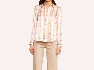 L'agence Tyler Long Sleeve Blouse In Ecru Multi Stud Belt Stripe