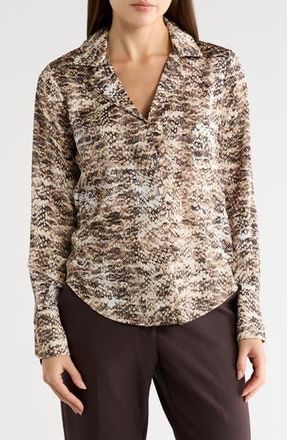 DKNY Snakeskin Print Satin Button-Up Top in Travertin/Ecru at Nordstrom Rack, Size X-Large