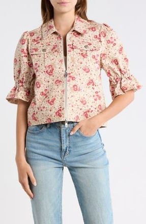 Cinq &agrave; Sept Mini Bouquet Holly Short Sleeve Crop Jacket in Cherry Rose Multi at Nordstrom Rack, Size Large