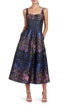 Kay Unger June Floral Jacquard Cocktail Midi Dress in Dark Navy at Nordstrom Rack, Size 8