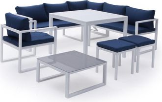 Happy Garden Conjunto de muebles de jard&iacute;n de 7 plazas tela azul y aluminio blanco