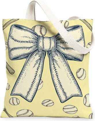 Generic Vintage Bow Canvas Tote Bags, Stylish Baseball Pattern Reusable Grocery Bags, Lightweight Washable Shoulder Strap Canvas Fo, Yellow, 13x15 Inch