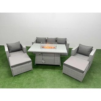 Fimous 7 Seat pe Rattan Lounge Sofa Set Outdoor Garden Furniture Set with Firepit Dining Table 3 Seater Sofa 2 Big Footstools Side Table Light Grey - Fimous