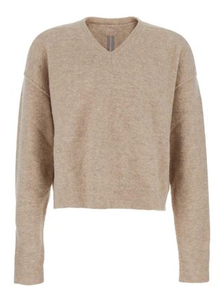 Rick Owens Beige Sweater With V Neck And Dropped Shoulders In Wool Blend Man