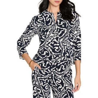 Nic+Zoe Indigo Leaf Double Crepe Button-Up Shirt in Indigo Multi at Nordstrom, Size Petite P