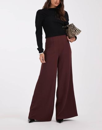Asos pantaloni palazzo sartoriali a vita alta con dettaglio corsetto in color cioccolato-Rosso