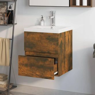 Berkfield Home Sink Cabinet with Built-in Basin Smoked Oak Engineered Wood in Brown