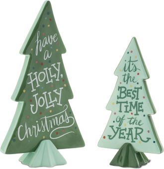 Melrose International Ceramic Christmas Sentiment Pine Tree (Set of 4) - Green